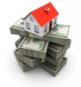 abstract 3d illustration of house on money stack, over white background